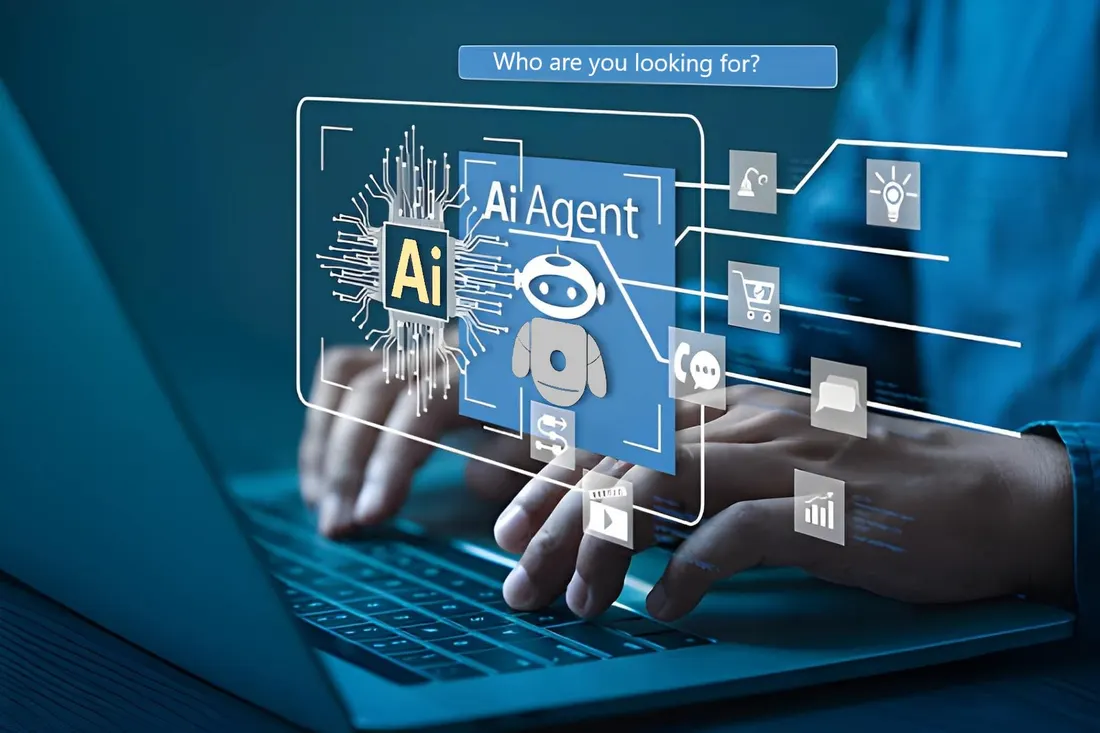 Hands typing on a laptop with an AI agent interface overlay